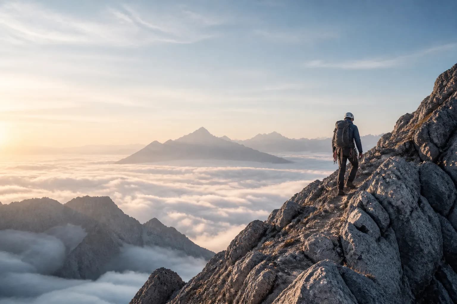 Mountain climber ascending a rocky ridge above the clouds