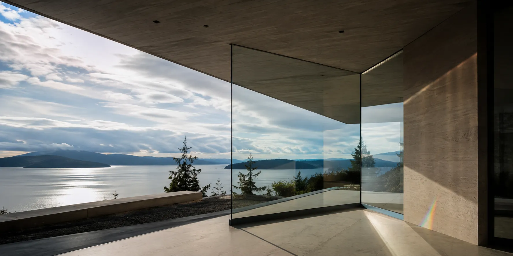 Modern glass-walled space with light, water, and layered reflections
