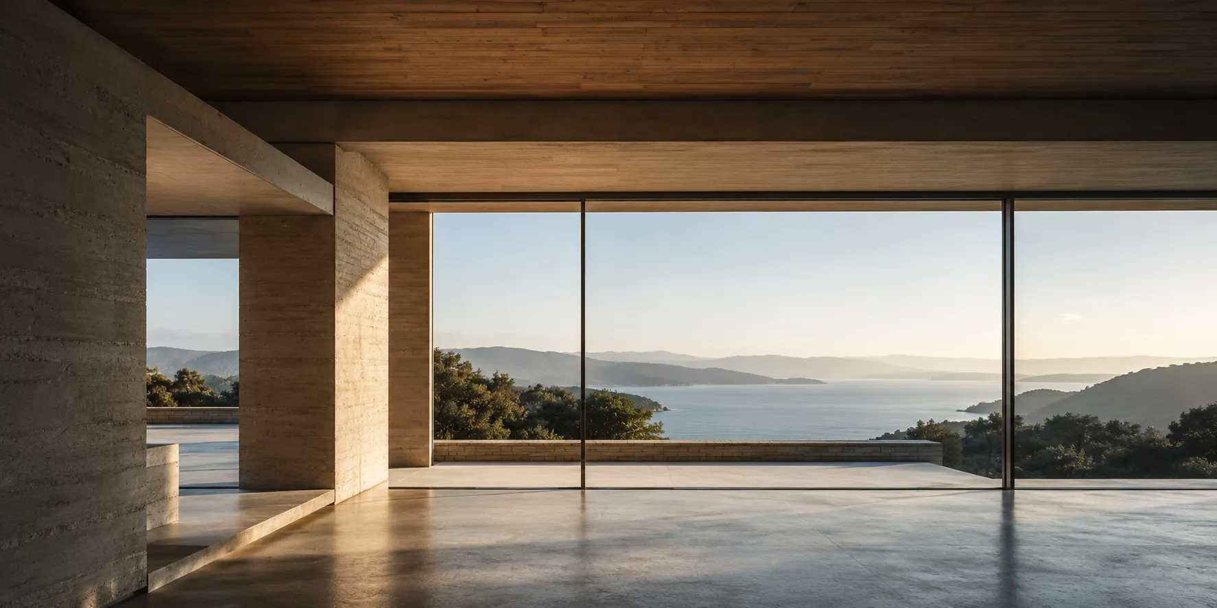 Sunlit concrete room overlooking a calm mountain lake