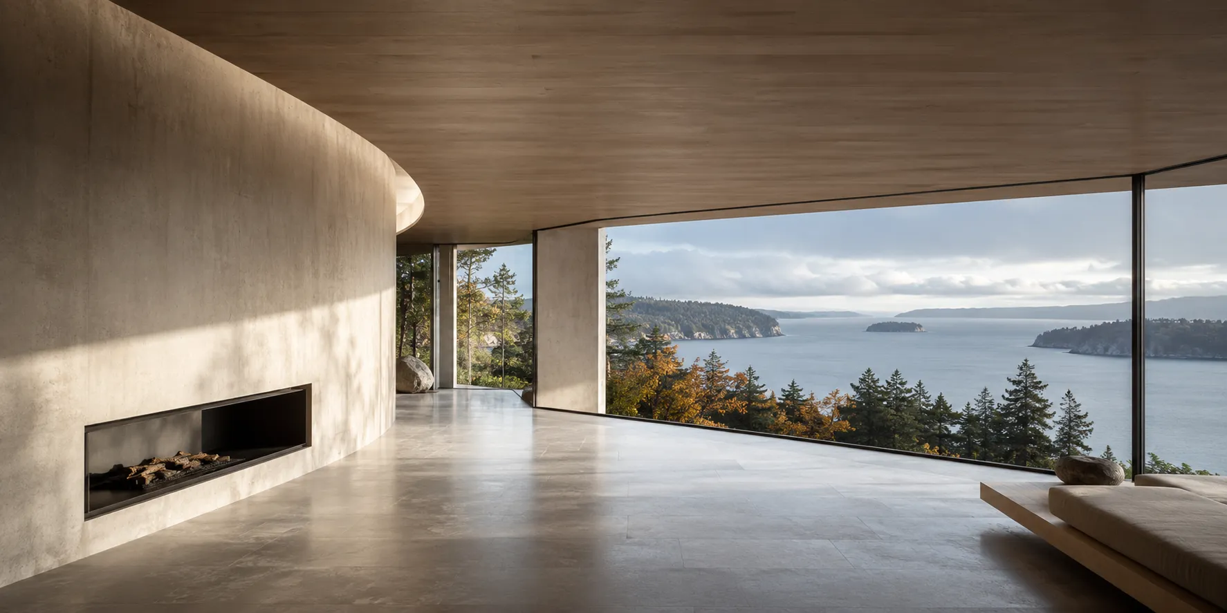 Warm, open room with a fireplace and a wide view across the water