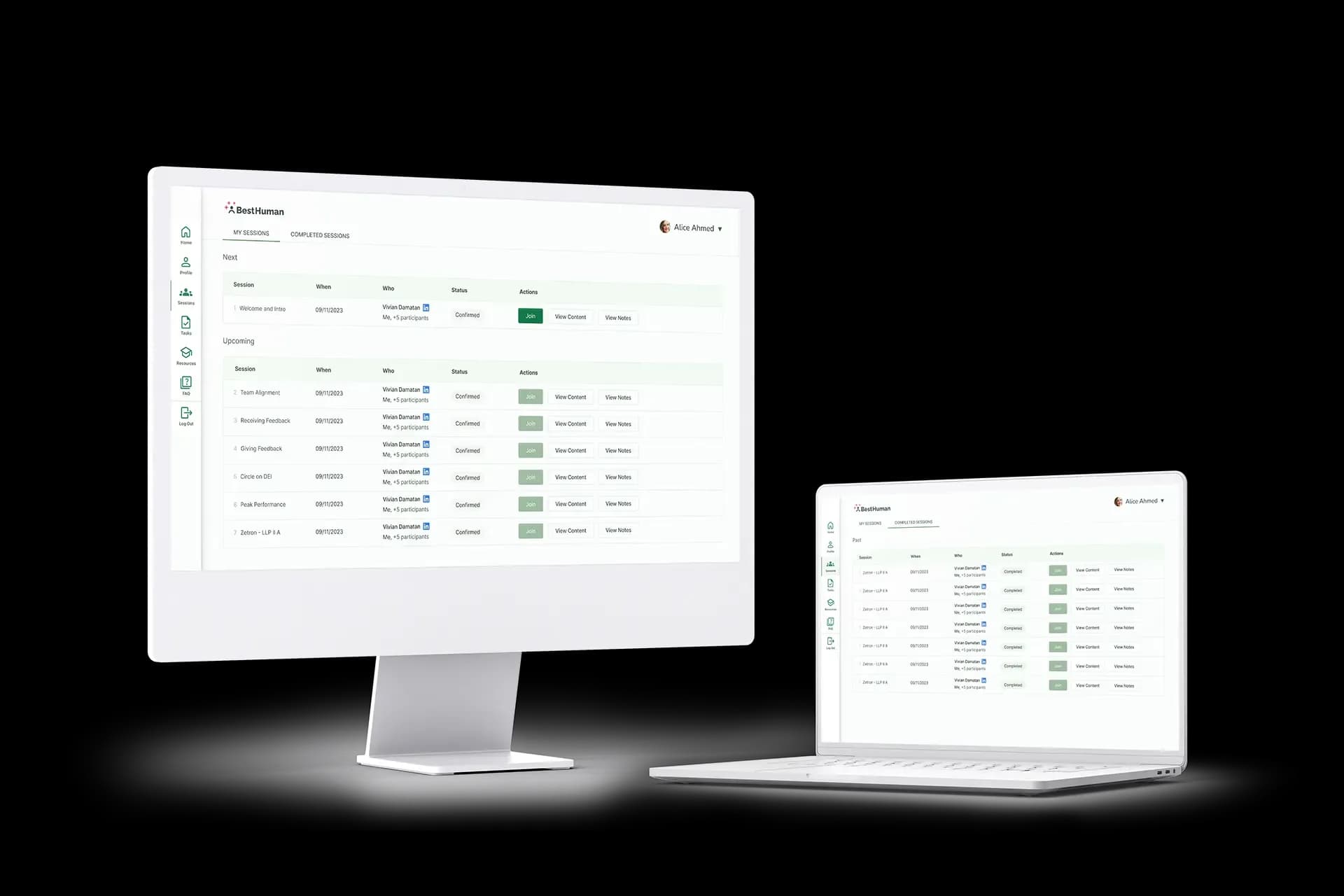The BestHuman learning platform shown on a desktop and laptop